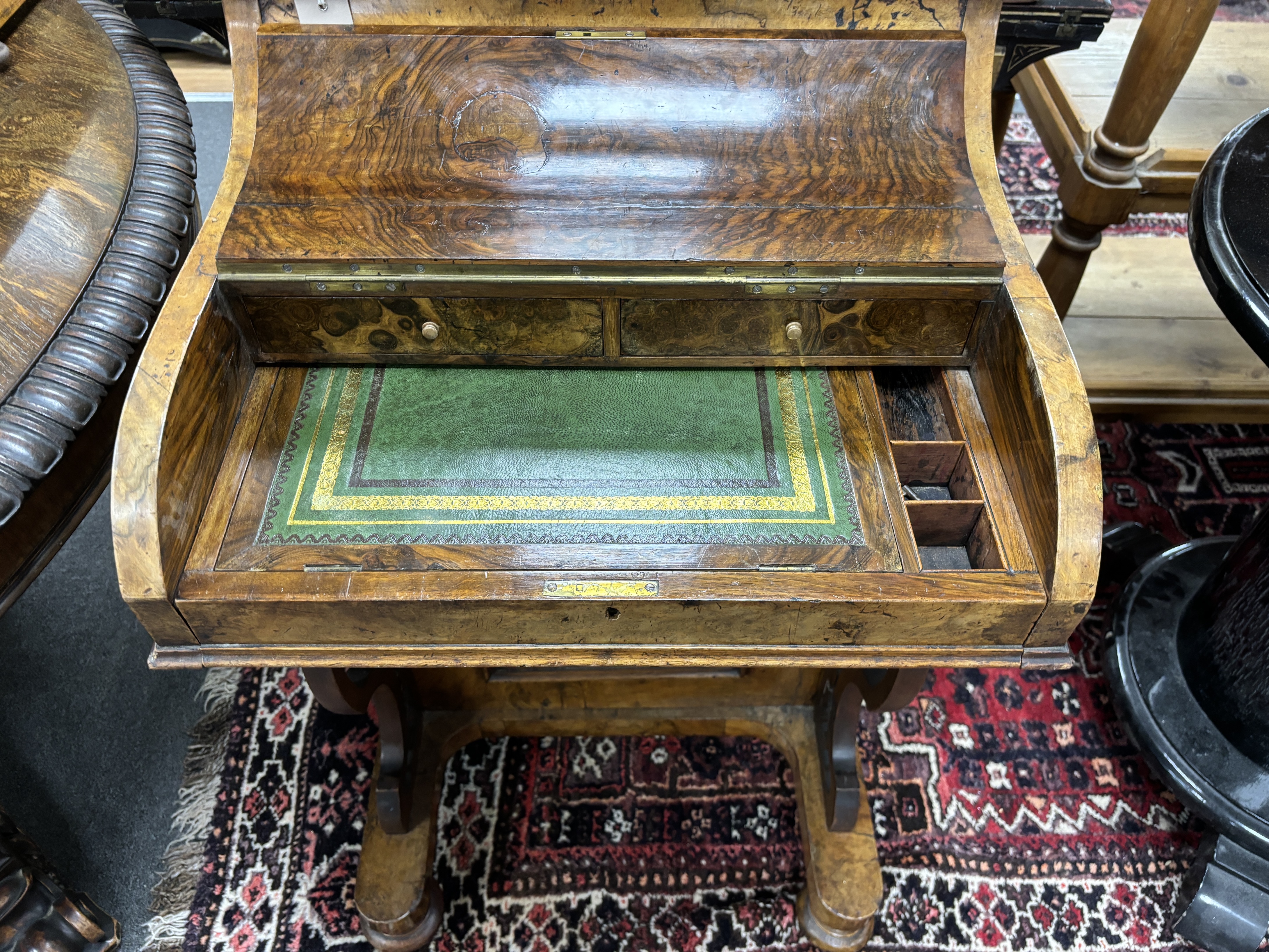 A Victorian walnut piano front Davenport, width 52cm, depth 57cm, height 90cm